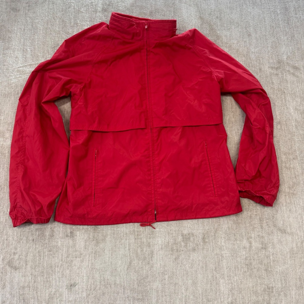 Woolrich Mens Vintage Red Nylon Windbreaker Jacket Full Zip Hidden Hood Medium